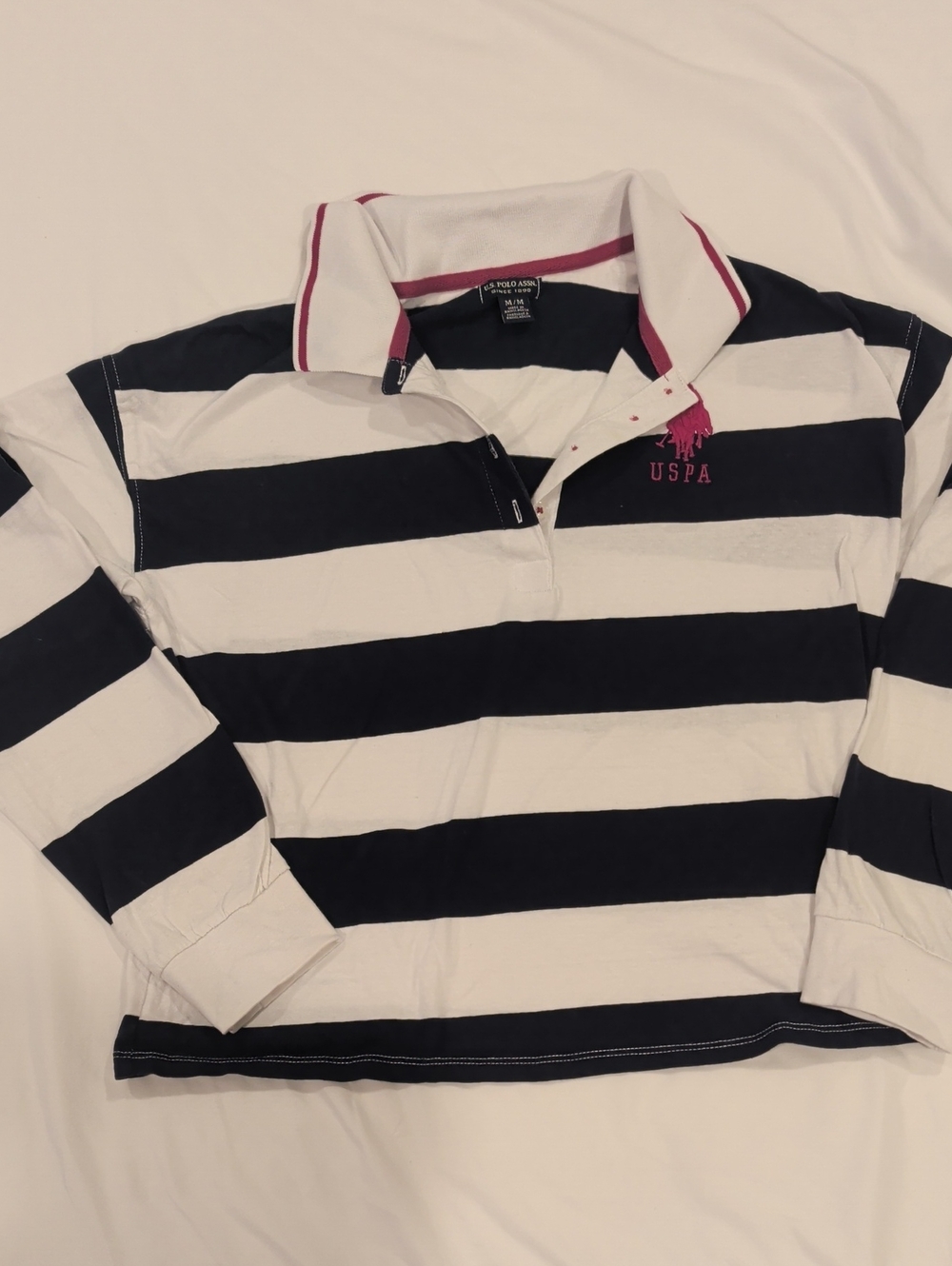 3/$20 U.S. Polo Assn. Striped Rugby Shirt in Navy & White with Pink Logo Medium